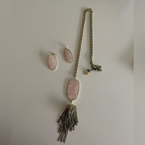 Kendra Scott Rae Long Pendant Necklace & Elle Gold Drop Earrings in Rose Quartz